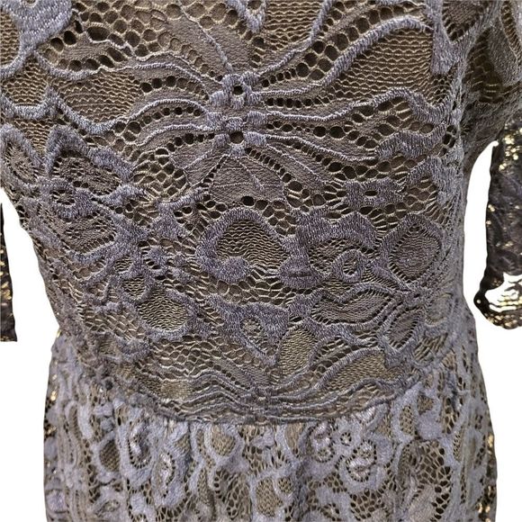 Navy Blue Dress with Elastic Waist 3/4 Sleeves and Lace Overlay - Picture 6 of 16